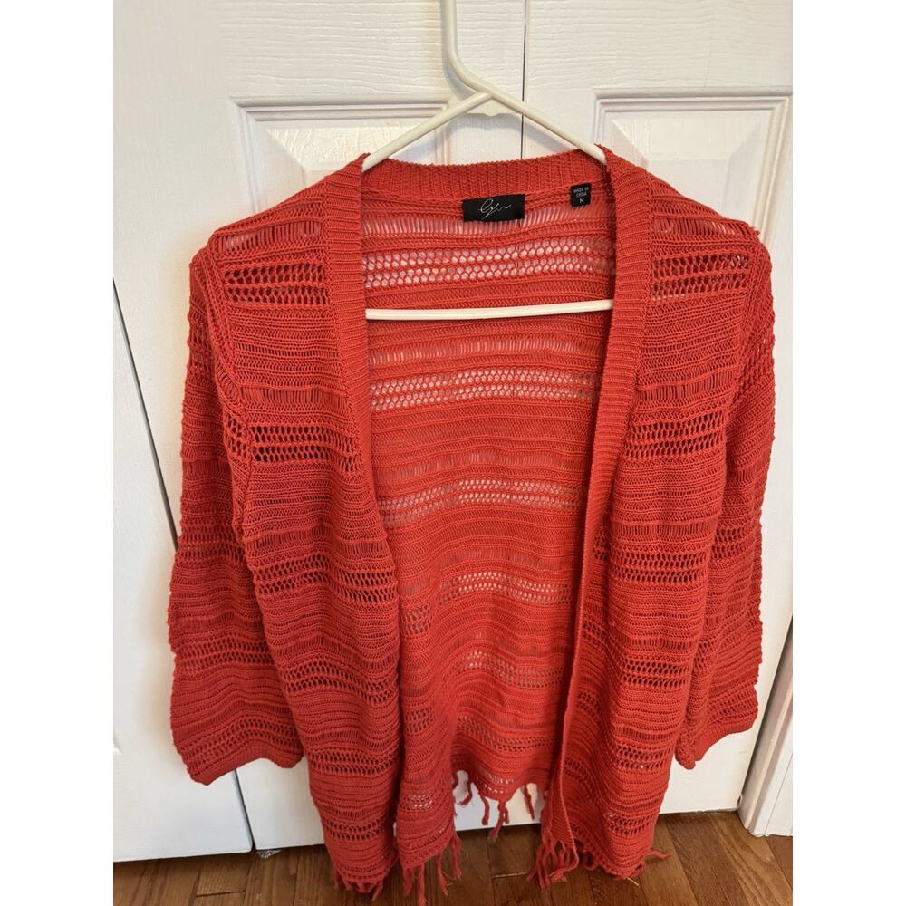 Fringed Orange Retro Cardigan Women's Open Front Size Medium